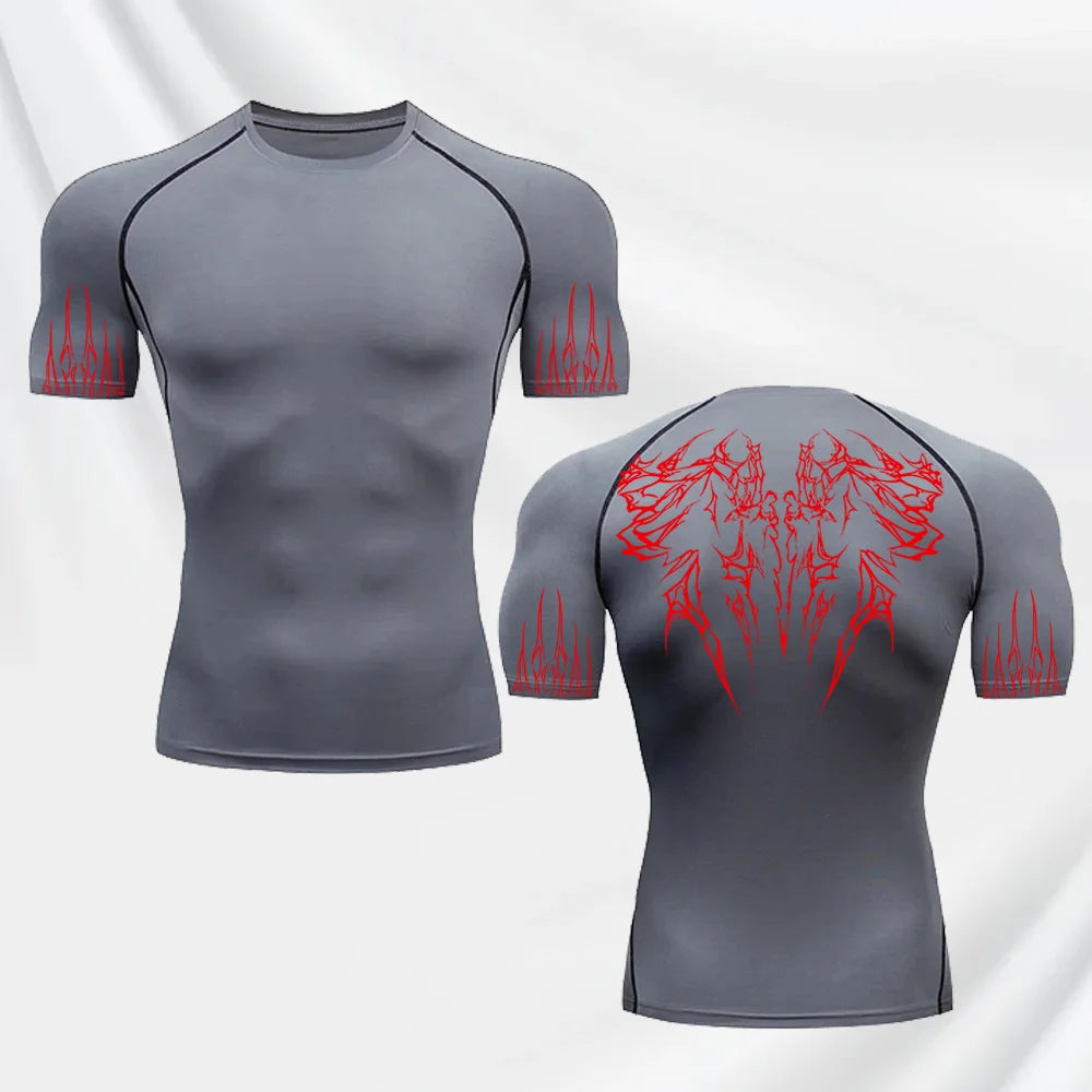 Men's Gothic Printed T-shirt Gym Exercise Tights Quick Dry Running Sport Short Sleeve Breathable Elastic Top S-3XL