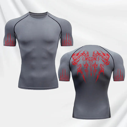 Men's Gothic Printed T-shirt Gym Exercise Tights Quick Dry Running Sport Short Sleeve Breathable Elastic Top S-3XL