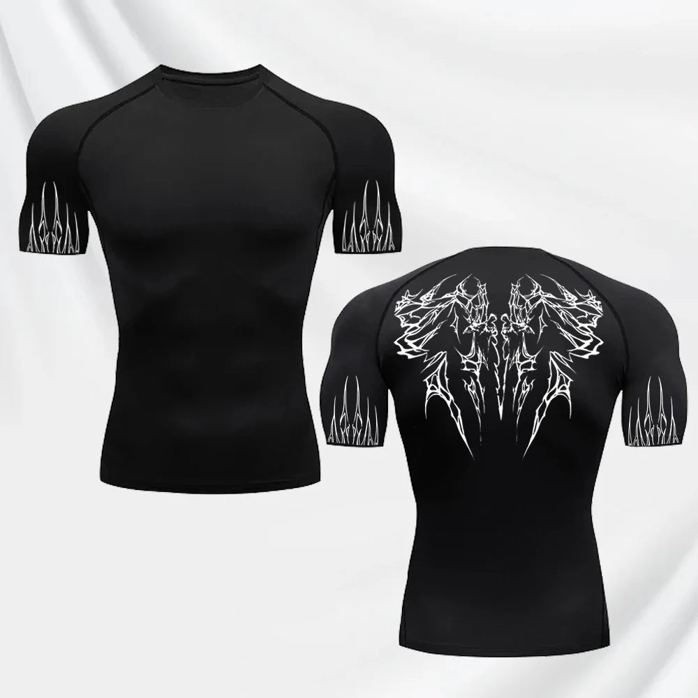 Men's Gothic Printed T-shirt Gym Exercise Tights Quick Dry Running Sport Short Sleeve Breathable Elastic Top S-3XL