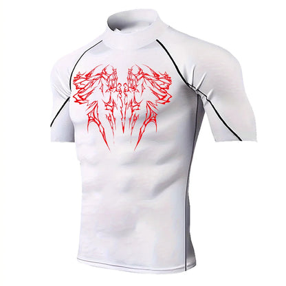 Men's Gothic Printed T-shirt Gym Exercise Tights Quick Dry Running Sport Short Sleeve Breathable Elastic Top S-3XL