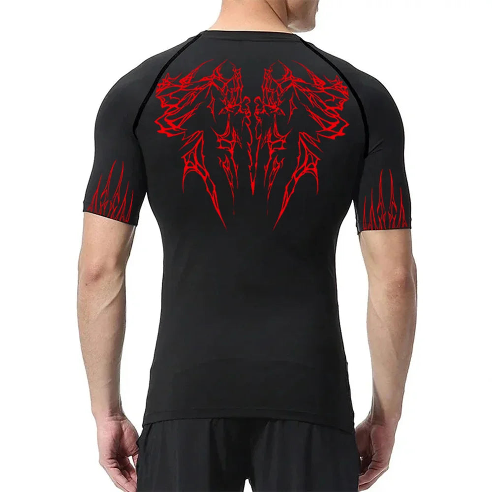 Men's Gothic Printed T-shirt Gym Exercise Tights Quick Dry Running Sport Short Sleeve Breathable Elastic Top S-3XL