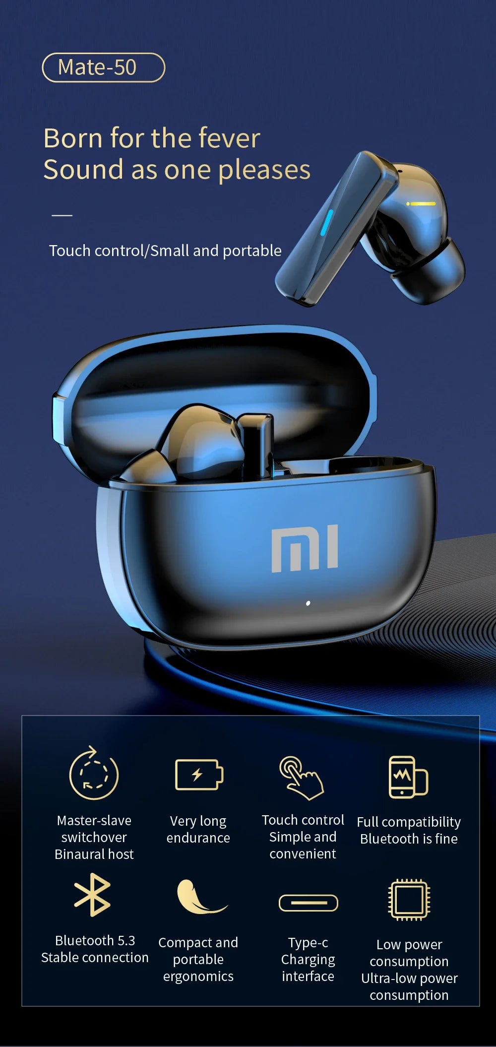 XIAOMI Mate 50 Bluetooth Earphones Ear Earbuds MIJIA Wireless Headphone Stereo Noise With Mic Sports Hifi Headsets Touch Contr